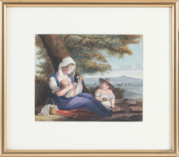 Maternità, XIX-XX secolo, tecnica mista su carta, cm 14,5x18, entro cornice, (lievi ondulazioni della carta)