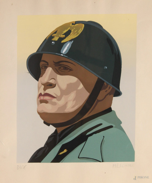 Benito Mussolini, tempera su carta, cm 35x50, entro cornice firmato Giovanni Meschini.