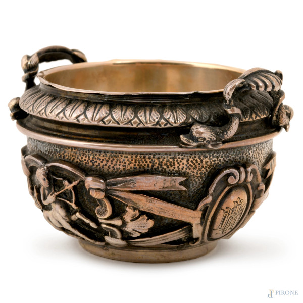 Centrino in argento con decori a rilievo raffiguranti centauro, figura femminile e nastri, Napoli, R. ventrella, XX secolo, altezza cm 5,5, gr. 200