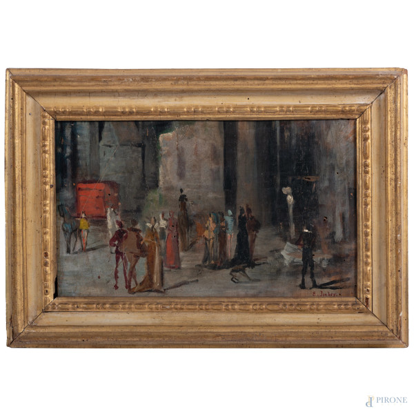 Figure in costume, XX secolo, olio su tavoletta, cm 21,5x36, firmato in basso a destra, entro cornice, (graffi, piccole cadute di colore, fori di tarlo al supporto)