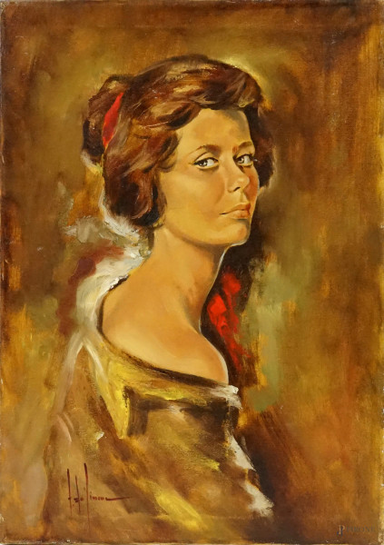 Ritratto di donna, olio su tela, cm 70x50, firmato