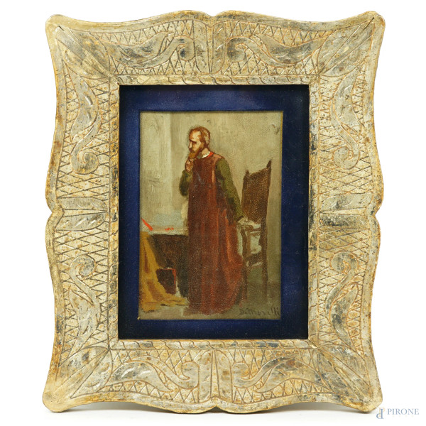 Interno con figura, XIX secolo, olio su cartone, cm 15x10, firmato, entro cornice, (difetti)