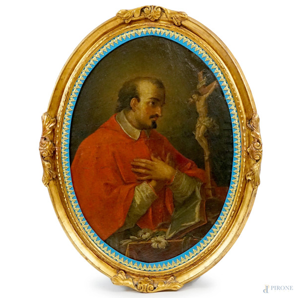 Pittore del XVIII secolo, San Carlo Borromeo, olio su tela, cm 75x56, entro cornice ad assetto ovale.