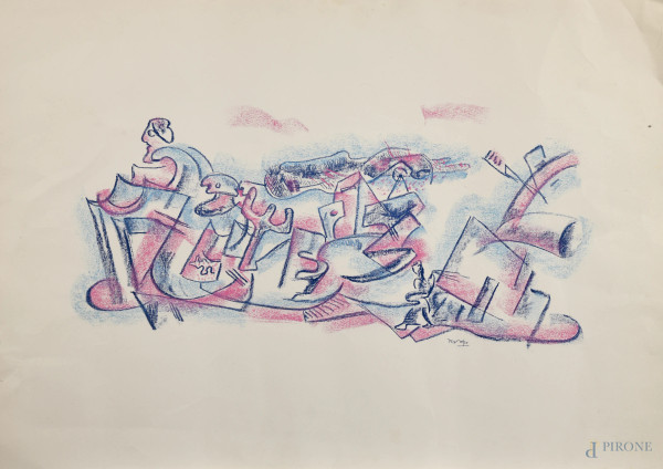 Antonio  Marasco - Paesaggio con figura, 1969, cera su fondo litografico colorata a mano, p.a., cm 50x70, (segni di usura, bruniture, tracce di umidità, increspature della carta, difetti)