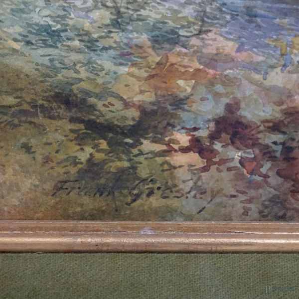 Paesaggio fluviale con figura, acquarello su cartoncino, cm 75,5x51, entro cornice