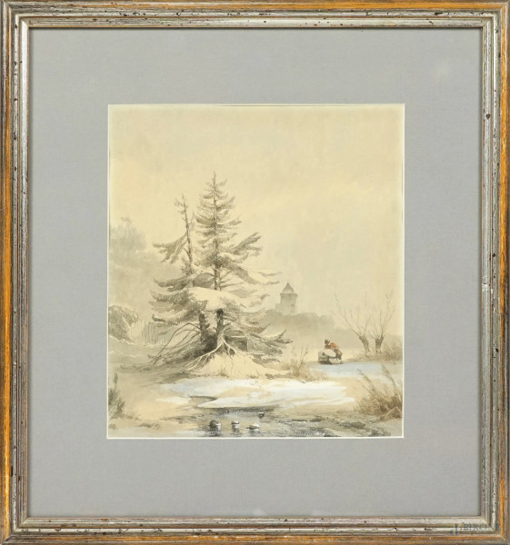 Paesaggio invernale con figure, acquerello su carta, fine XIX secolo, cm 22x20, entro cornice