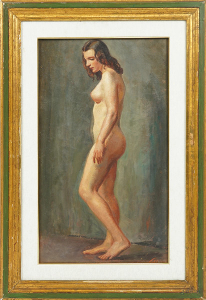 Nudo di donna, olio su cartone, cm 61x35, siglato, entro cornice