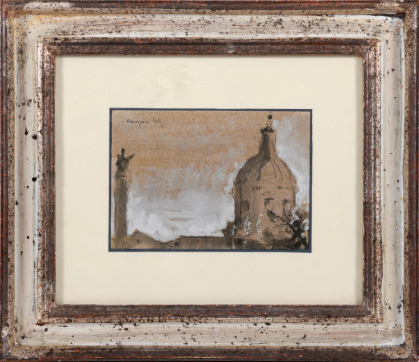 Scorcio con Colonna traiana, tecnica mista su carta, cm 15x18,5 entro cornice