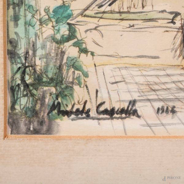 Portofino, tecnica mista su carta, firmato e datato in basso a sinistra "1974, misure cm 29,5x39,...