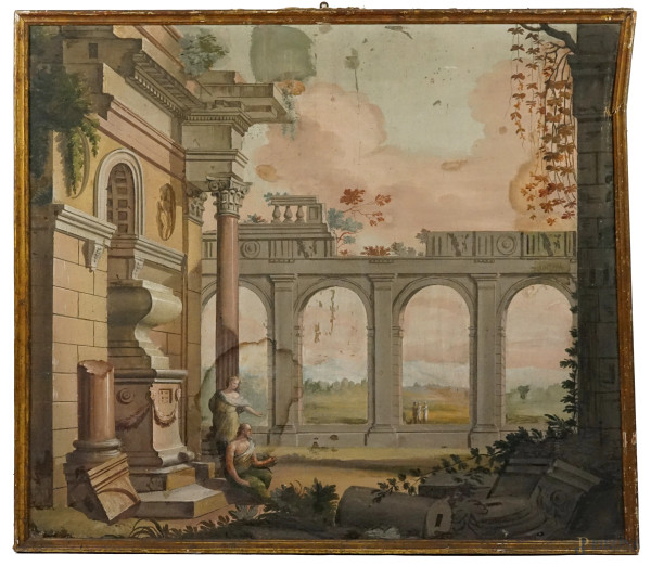 Capriccio architettonico, rovine e con figure, tempera su tela, cm h 118x133,  fine XVIII-inizi XIX secolo, entro cornice, (difetti e macchie)