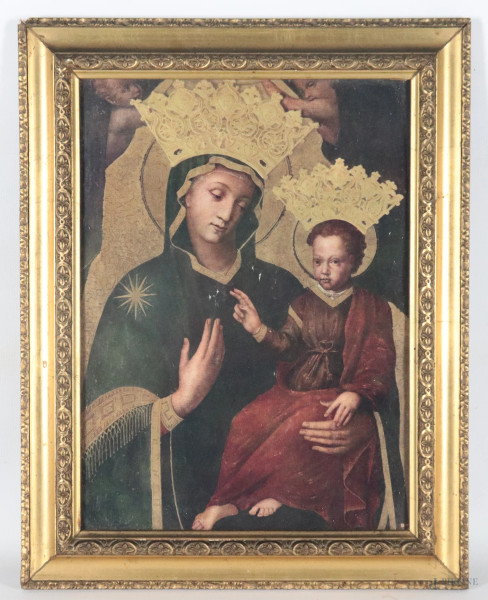 Stampa a colori raffigurante Madonna con Bambino, XX secolo, cm 38,5x28,5, entro cornice, (segni di usura, difetti, abrasioni, tracce di piegatura, abrasioni)