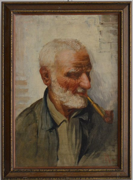 Ritratto d'anziano con pipa, antico dipinto ad olio su tela 38x26 cm, entro cornice firmato.