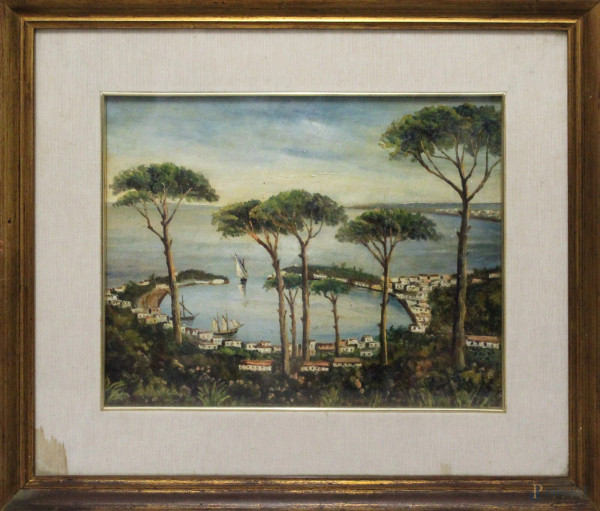 Scorcio di costiera, dipinto ad olio su tavola, cm 24 x 30, entro cornice.