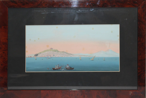 Golfo di Napoli con barche e pescatori, gouache su carta, 18x35, entro cornice.