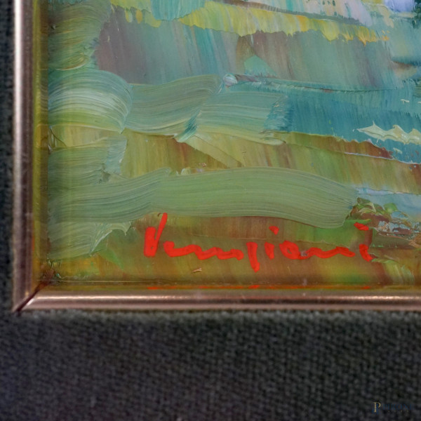 Scorcio di bosco, olio su lastra in metallo dorato, cm 21,5x16, firmato Veneziani, entro cornice