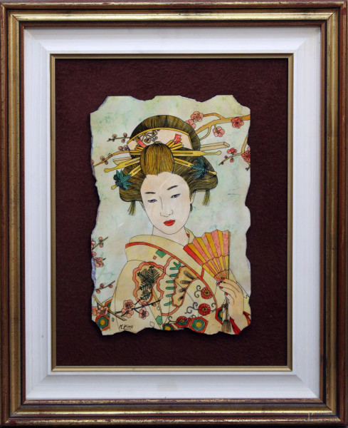 Ritratto di geisha, tecnica mista su lastra di pietra, 30x20 cm, entro cornice 
