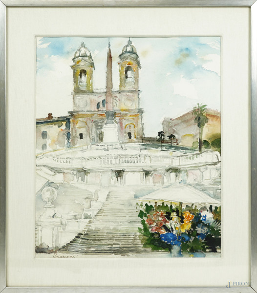 Giulio Brunacci - Trinità dei Monti, acquerello su cartoncino, cm 38x32, firmato in basso a sinistra, entro cornice