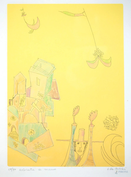 Lillo Bartoloni - Senza titolo, acquaforte colorata a mano, cm 70x50, es.47/90, entro cornice.