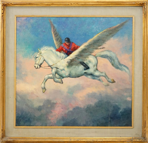 Cavallo alato e fantino, olio su cartone, cm 55x58,5, seconda metà XX secolo, entro cornice.
