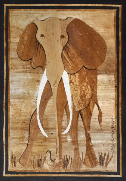 Gregor Mambawa (XX sec.), Elefante africano, intarsio di papiro applicato su tela, arte africana, cm. 24x34, firmato.