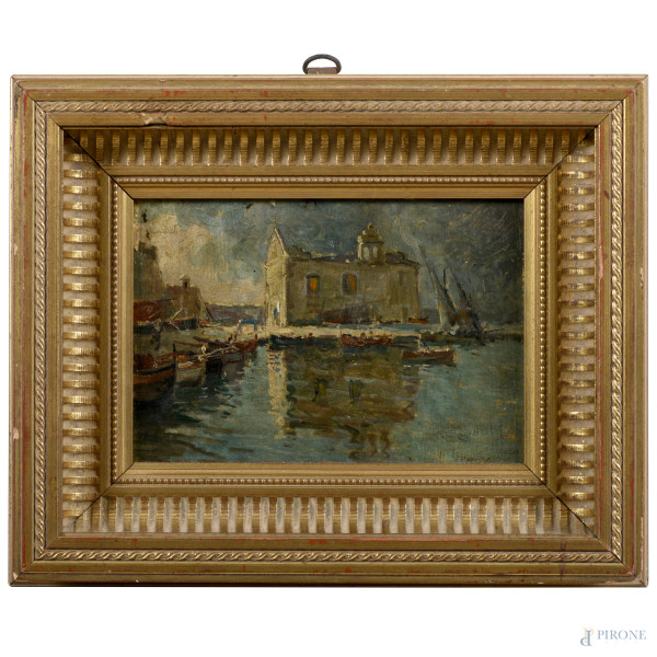 Scorcio lagunare, XIX-XX secolo, olio su compensato, cm 14x19,5, entro cornice,(segni di usura, abrasioni)