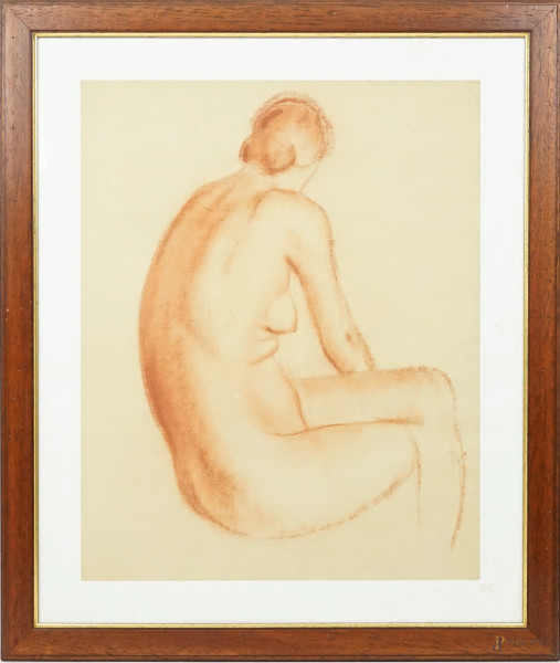 Nudo di donna, sanguigna su carta, cm 50x39,5, XX secolo, entro cornice.