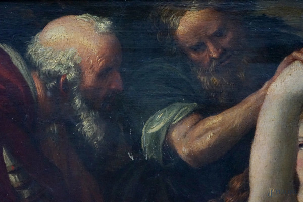 Pittore del XVII secolo, Susanna e i vecchioni, olio su tavola, cm 38x53, entro cornice, (difetti...