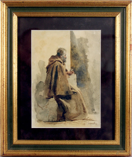Achille  Vianelli - Frate, acquarello su carta, cm. 25,5x17,5, entro cornice.