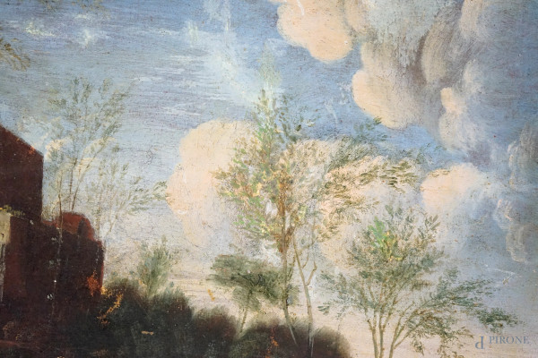 Paesaggio con ruscello, sec. XVIII-XIX, olio su tela, cm 57,5x66,5, entro cornice, (difetti)