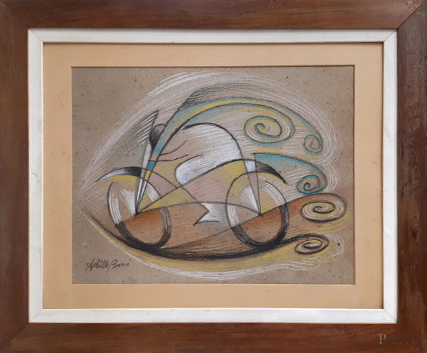 Achille Boni (XX sec.) Velociclo futurista, tecnica mista su cartone, cm 26x34, firmato, con cornice