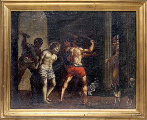 Pittore del XVII sec, La flagellazione di Cristo, olio su tela, cm 47,5x60,5, entro cornice.
