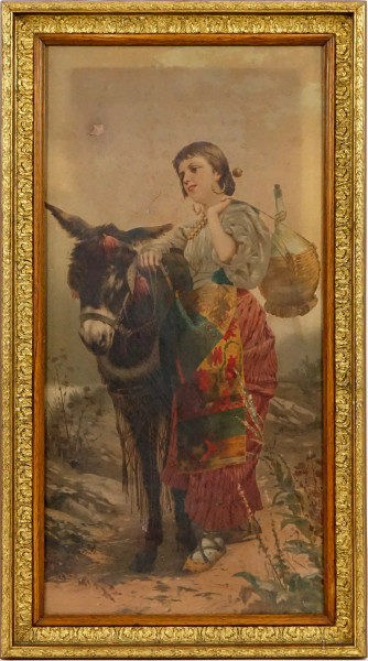 Da Vincenzo Caprile (1856-1936), Contadina con asinello, oleografia Borzino Milano, cm h 87,5x43, fine XIX secolo, entro cornice, (difetti).