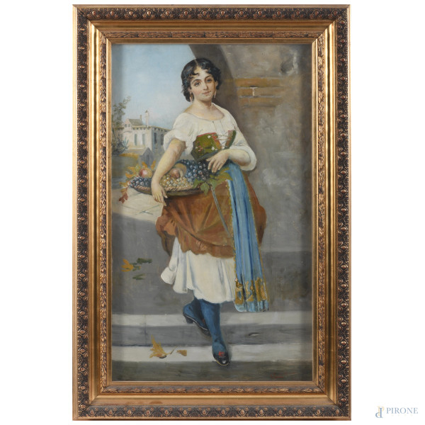 Popolana con cesto di frutta, XX secolo, olio su tela applicata su cartone, cm 75,5x45, firmato in basso a destra, entro cornice, (sollevamenti di colore, segni di usura)