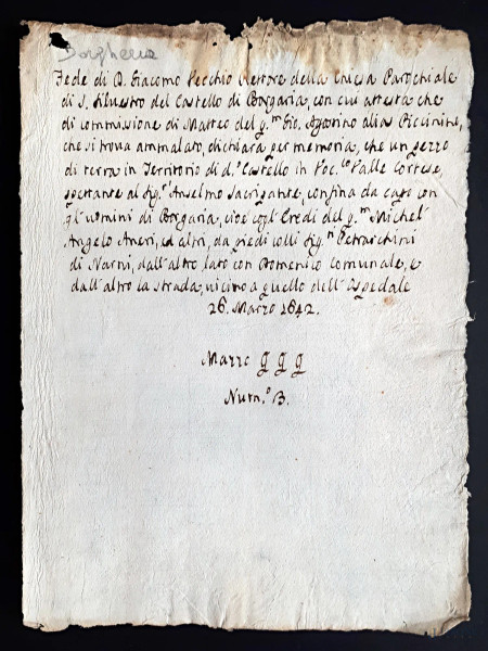 Antico raro manoscritto umbro del 1642 scampato a incendio, vergato a penna d’oca e inchiostro di galla su carta vergellata e filigranata