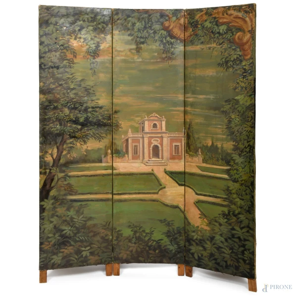 Separé in legno dipinto e laccato. Al fronte veduta di villa dai giardini, XX secolo, cm 200x150, (difetti)