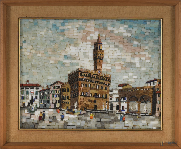 Palazzo Vecchio, mosaico, XX secolo, cm 31x41 entro cornice, (difetti)
