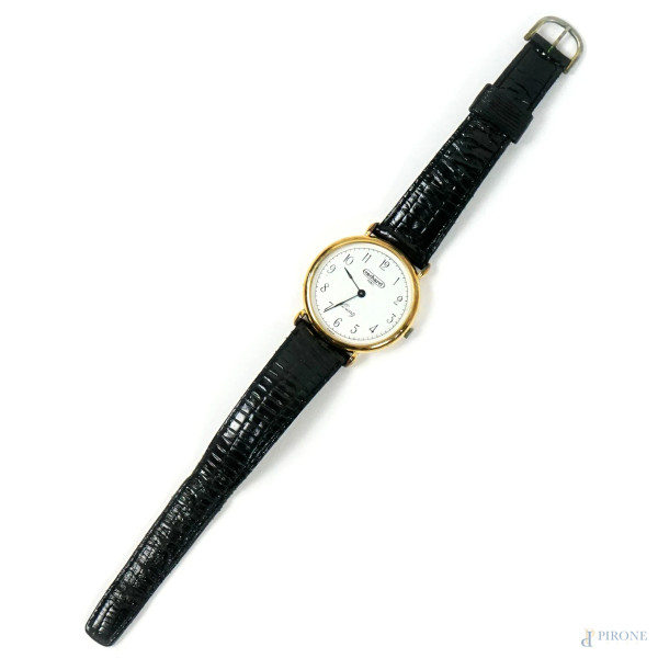 Cacharel Paris, orologio da polso da donna, cinturino nero in pelle, lunghezza cm 21, (segni di utilizzo, meccanismo da revisionare).