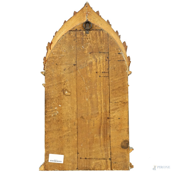 Pittore del XIX-XX secolo, Madonna con il Bambino e santi, olio su tavola, cm 68x36,5 (difetti)