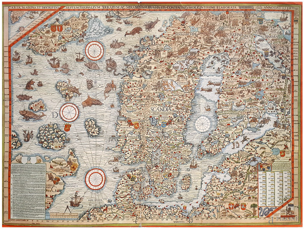 Riproduzione vintage di una carta geografica del 1539, cm 34x45