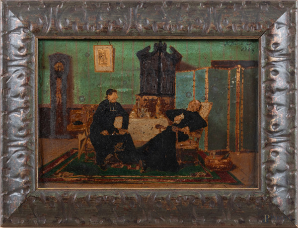 Una buona storia, XX secolo, olio su tavoletta, cm 19,5x28,5, firmato e datato in alto a destra, entro cornice(segni di usura, difetti, fori di tarlo, tracce di umidità)