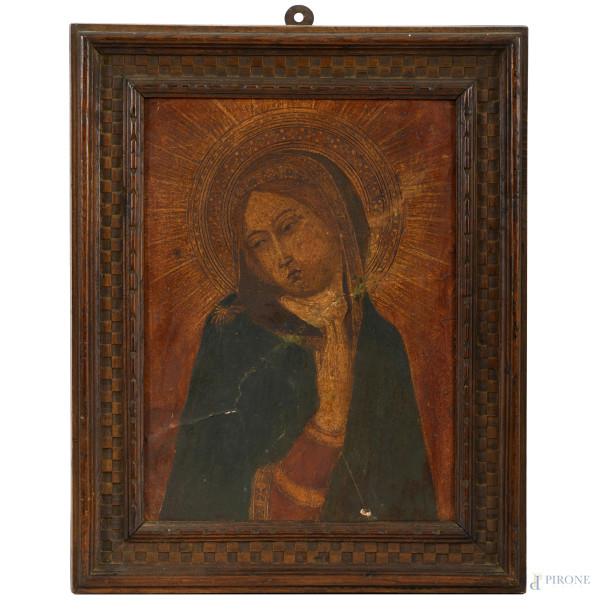 Madonna Annunciata, tempera su ceramica, XX secolo, cm 39x29 entro cornice, (difetti e felature) 