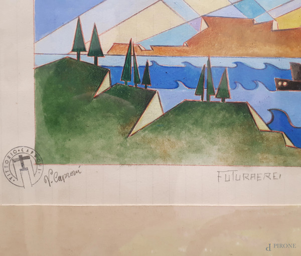 Vittorio Caproni (XX sec.) Aeropittura, tecnica mista su carta, cm 23x33, firma e timbro dell’Art...