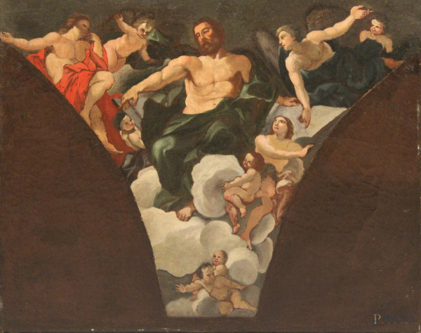 Studio architettonico, scena mitologica, olio su tela, cm 60x76, XVIII sec.
