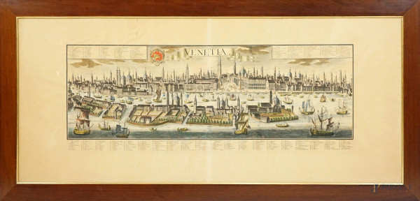 Venezia, stampa acquerellata a mano, cm 53x124 circa, XX secolo, entro cornice, (difetti)