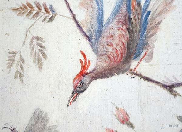 Coppia di pannelli decorati a chinoserie, con piante e volatili, fine XIX-inizi XX secolo, olio s...