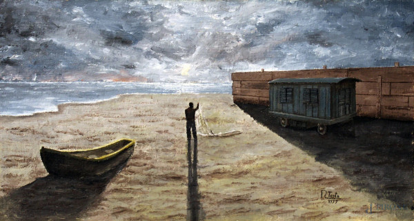 Spiaggia con pescatore e barca, olio su tela, cm. 29x54, firmato R. Testa 1977.