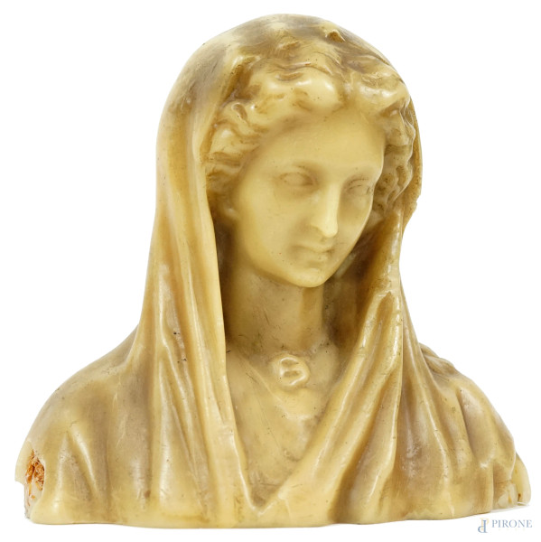 Scultura in cera raffigurante la Vergine Maria, XX secolo, altezza cm 21,5 (difetti)