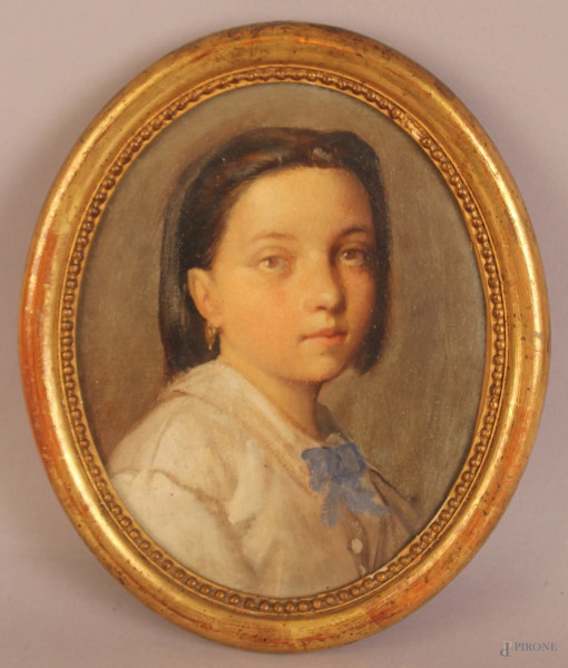 Ritratto di bambina,olio su cartone 21x17 cm, ad asetto ovale ,XIX sec.,entro cornice.