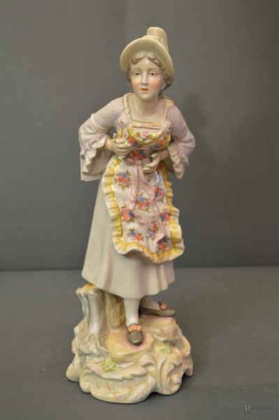 Fanciulla in porcellana policroma, marcata, h.37 cm.