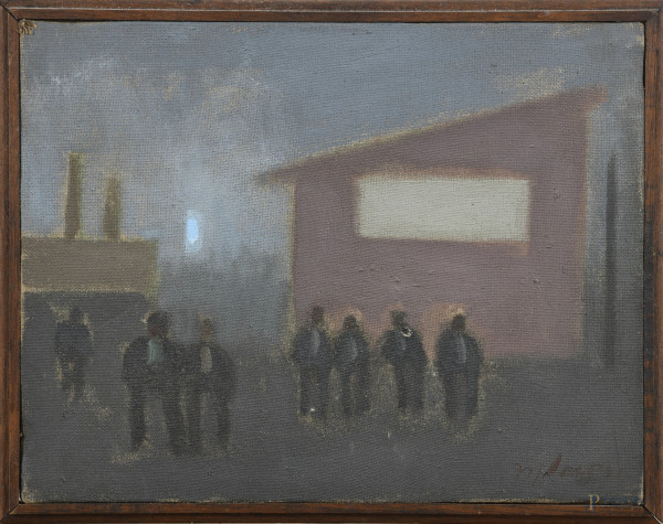 Franco Villoresi - Esterno con figure, tecnica mista su tela, cm 18,5x24, firmato in basso a destra e al retro, (segni di usura, abrasioni, lacerazione)